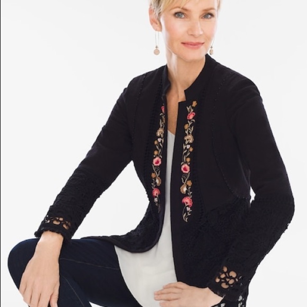 Chico’s Floral Embroidered and Lace Open Front Jacket Size 0P (Petite) Boho